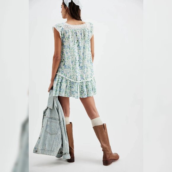Free People Alessia Printed Mini Dress XL 12 Floral Printed Flutter Sleeve 45292 - Picture 2 of 4